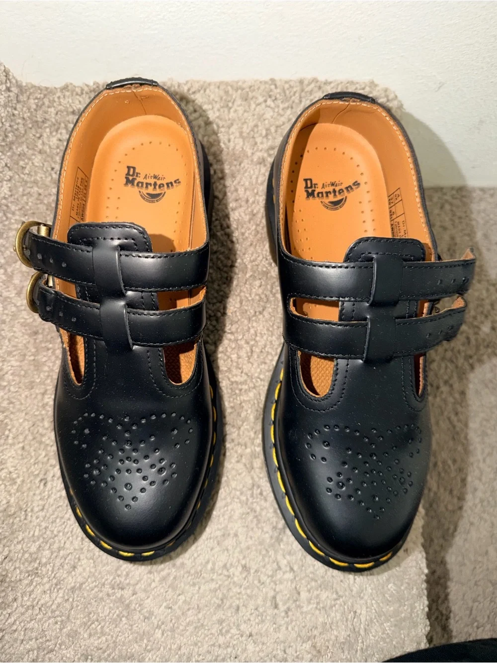 Dr. Martens Black Kids Mary Jane Shoes with Yellow Stitching